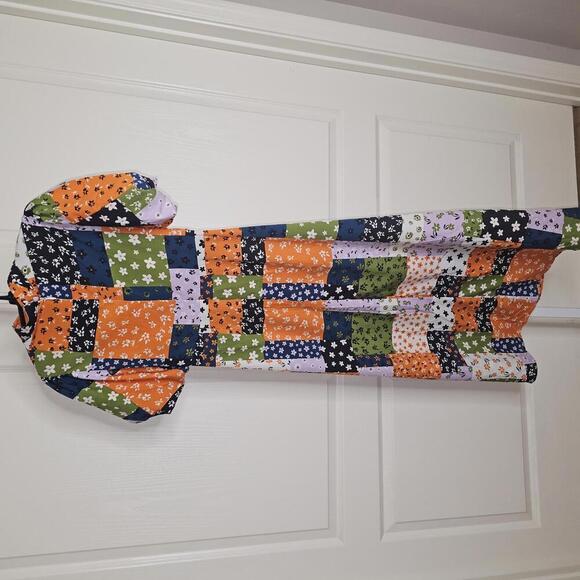 Patchwork Pattern Midi Dress with Puff Sleeves - Picture 9 of 9